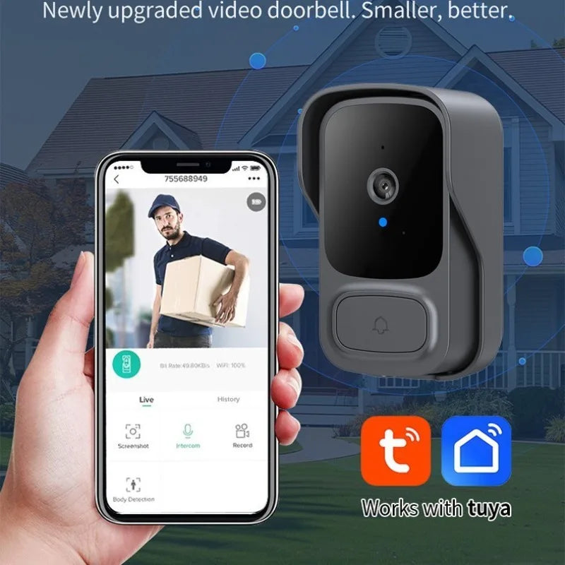 Grey smart wireless video doorbell showing a live delivery feed on a smartphone app. Compact, modern design.