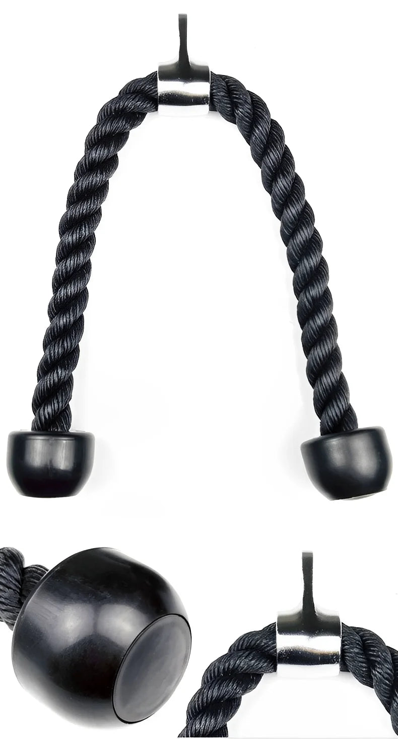 Black tricep pull-down rope attachment with heavy-duty fibre, central metal mounting loop, and solid rubber end stops.