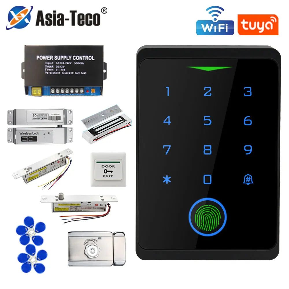 Black metal Wi-Fi smart door lock system with fingerprint keypad, magnetic lock, power supply, and exit button.