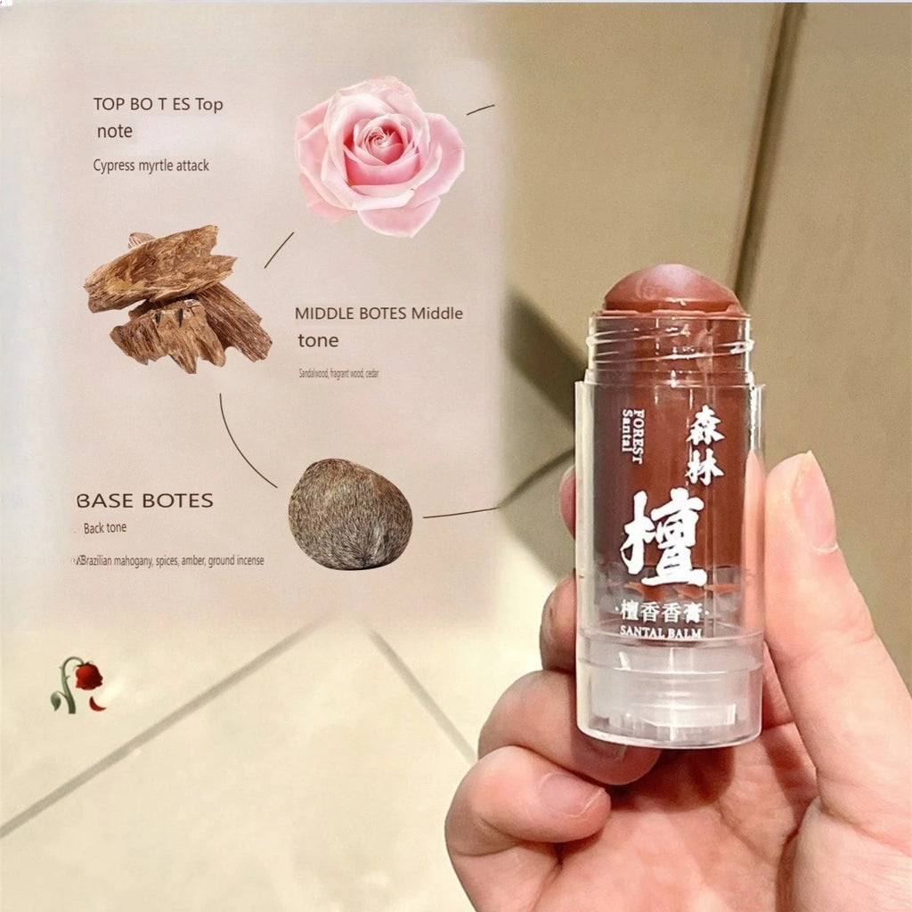 Brown solid sandalwood balm in a clear twist-up tube held by hand against an ingredient graphic.