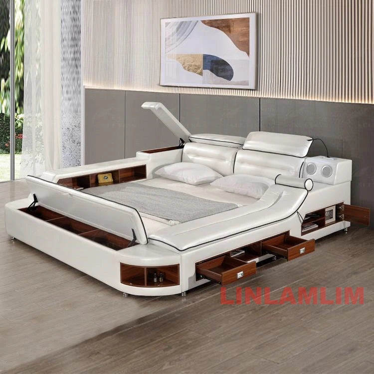 Modern white leather platform bed with integrated storage drawers, shelving, and built-in LED lighting.