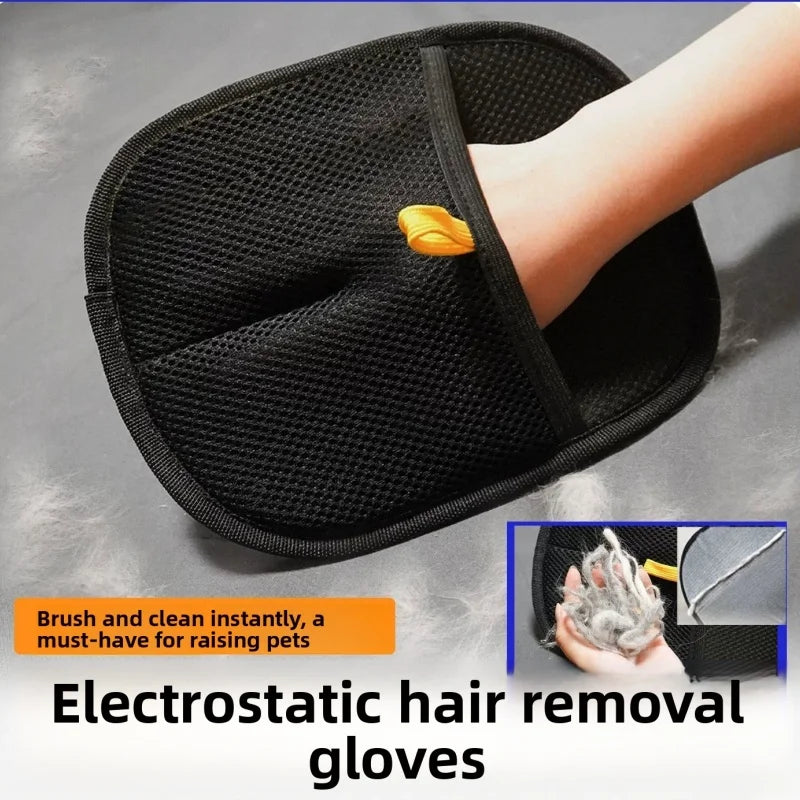 Black mesh electrostatic hair removal glove with yellow tab, shown removing pet fur from a surface.