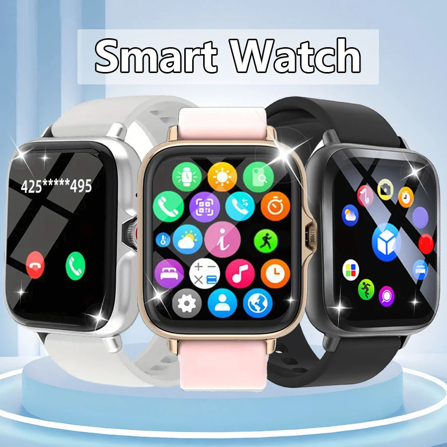 Three smartwatches in white, pink, and black with touchscreens showing calling, fitness, and app icons.