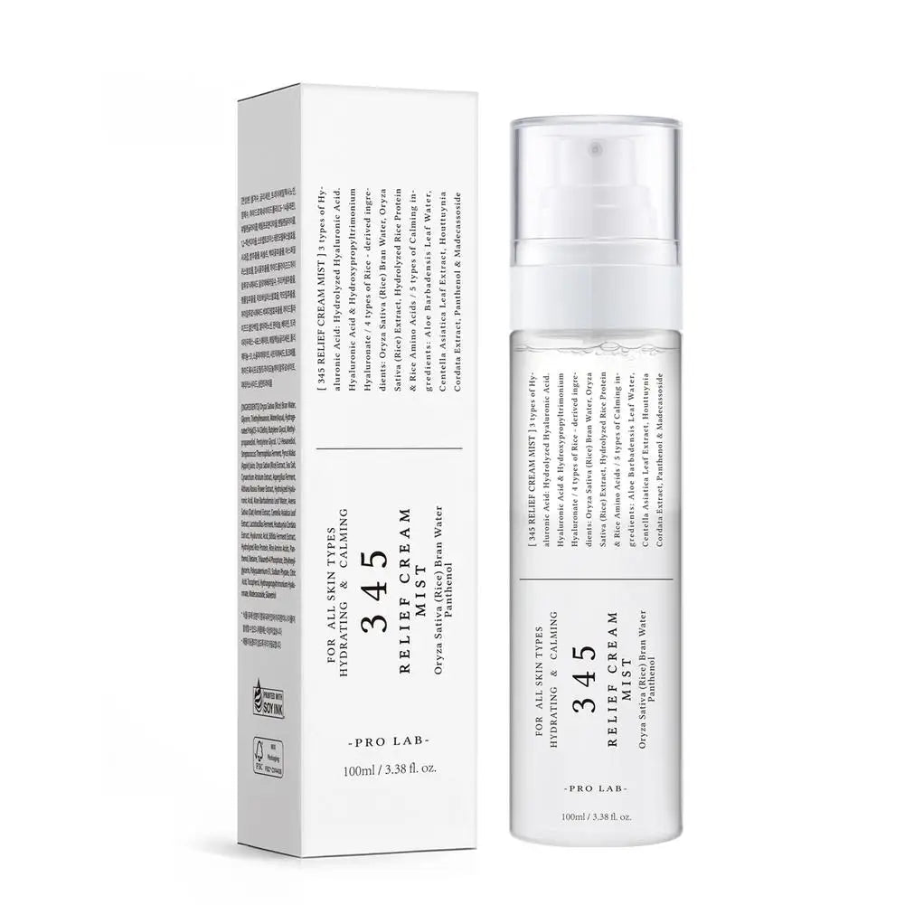 White 100ml hydrating relief cream mist bottle and its matching rectangular product box with ingredient details.