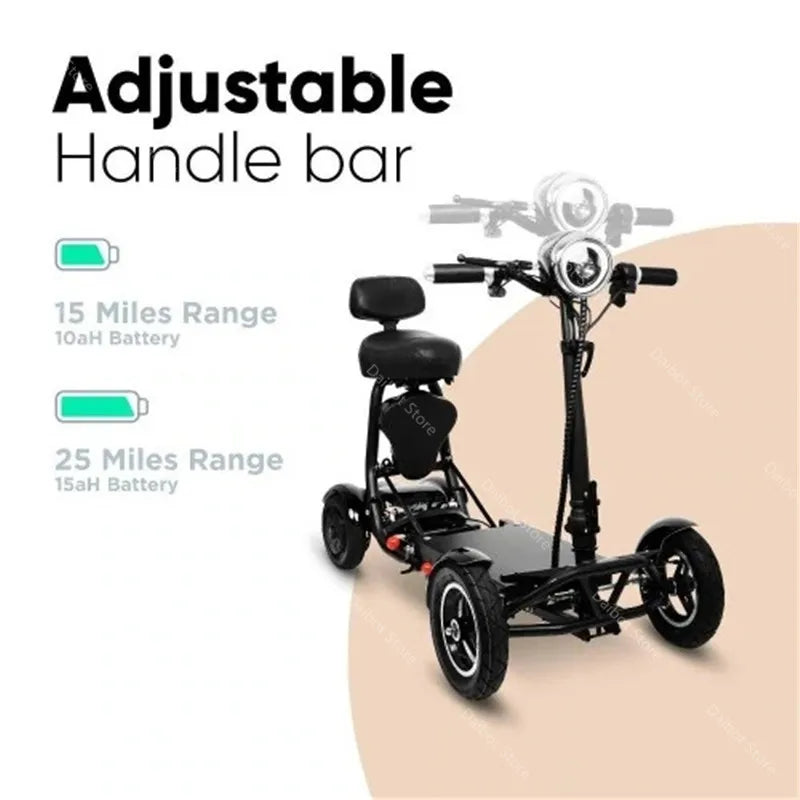 Black 4-wheel electric mobility scooter with two seats, adjustable handlebars, and a large front headlight.