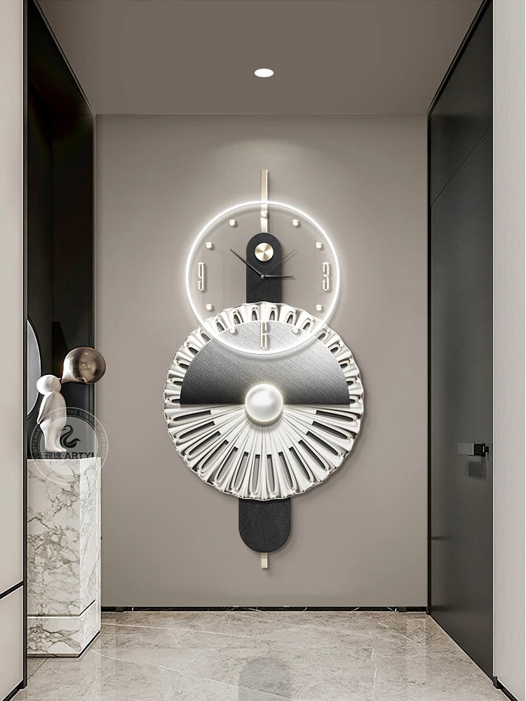 Modern geometric wall clock with a glowing LED ring, contrasting black and white textures, and a minimalist design.