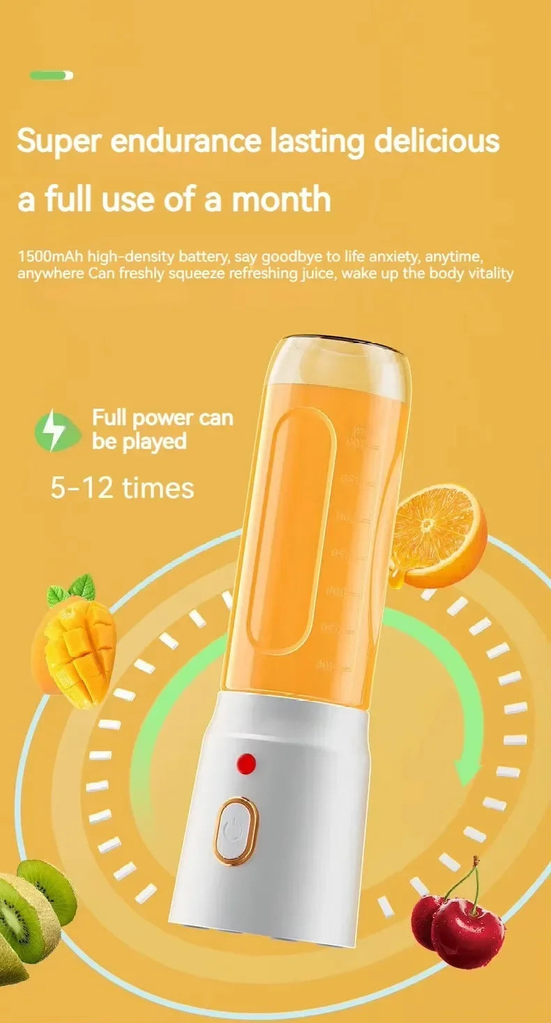 Portable white personal blender with a clear container filled with orange juice, set against a yellow background.