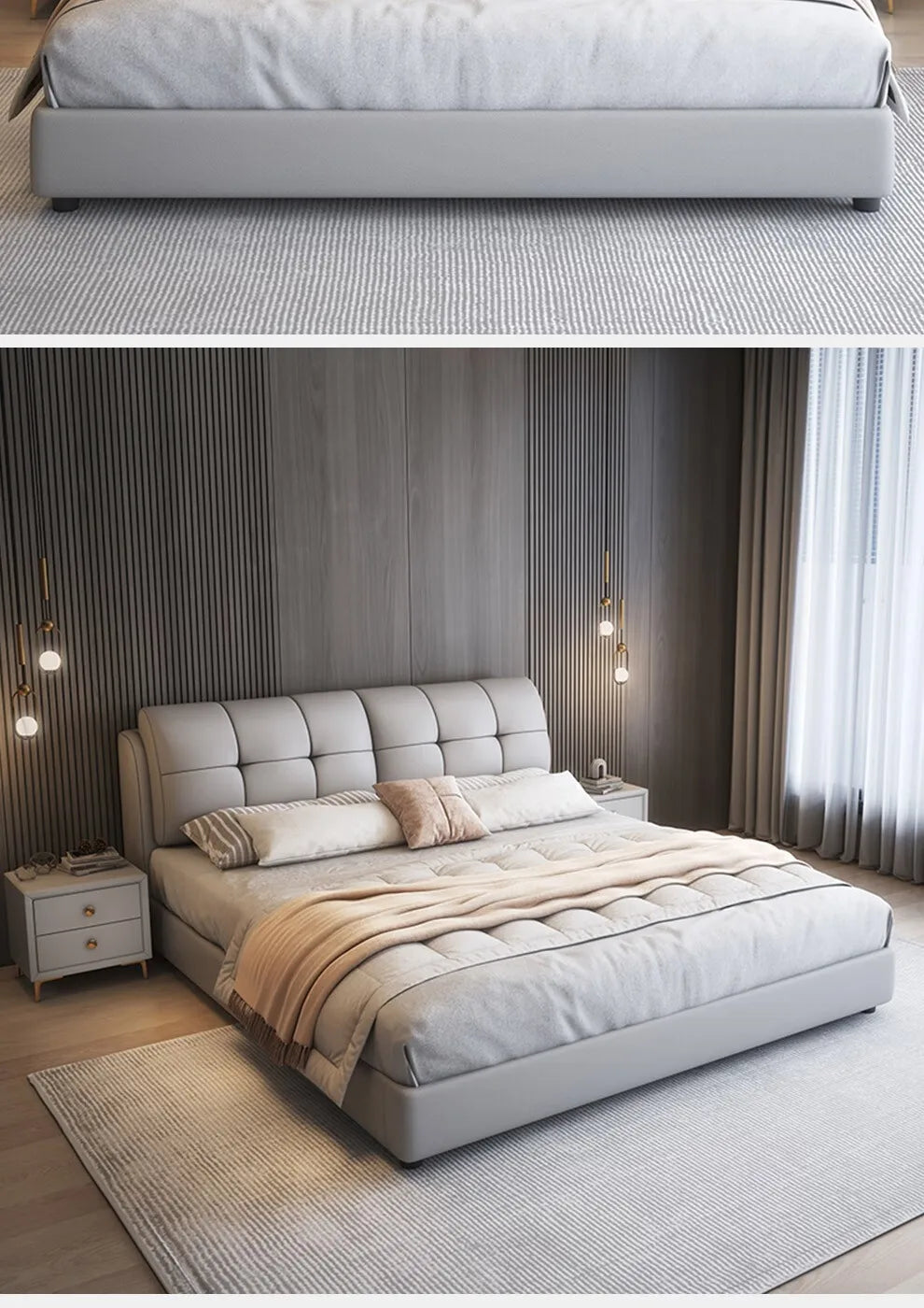 Minimalist grey queen-size bed frame featuring a tufted upholstered headboard and low-profile contemporary design.