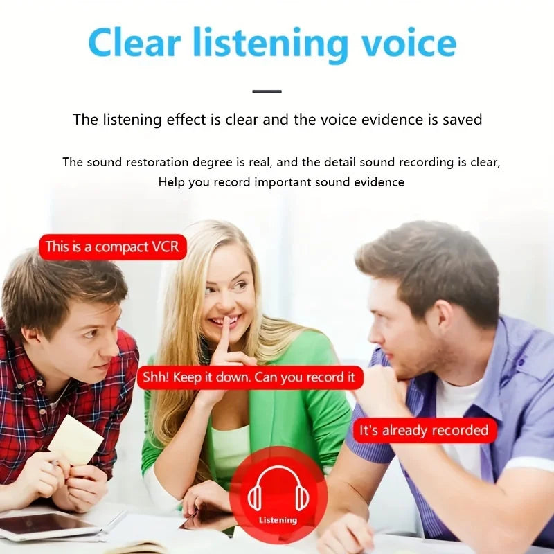 A compact smart home security camera promoting clear audio recording features, displayed with three people whispering.