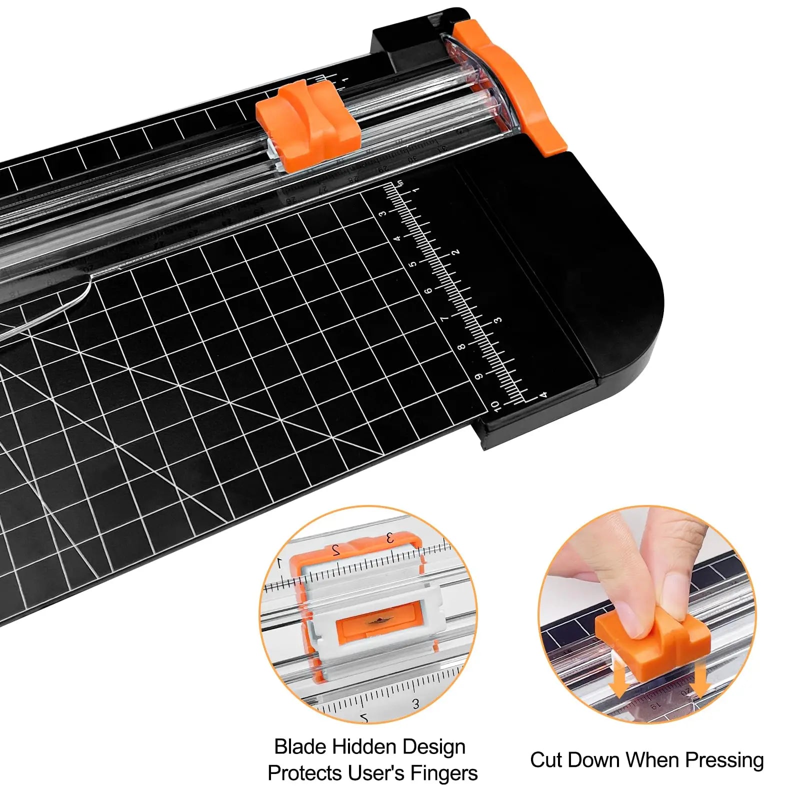 Black paper trimmer with an orange sliding blade, measurement grid, and safety-focused hidden blade design.