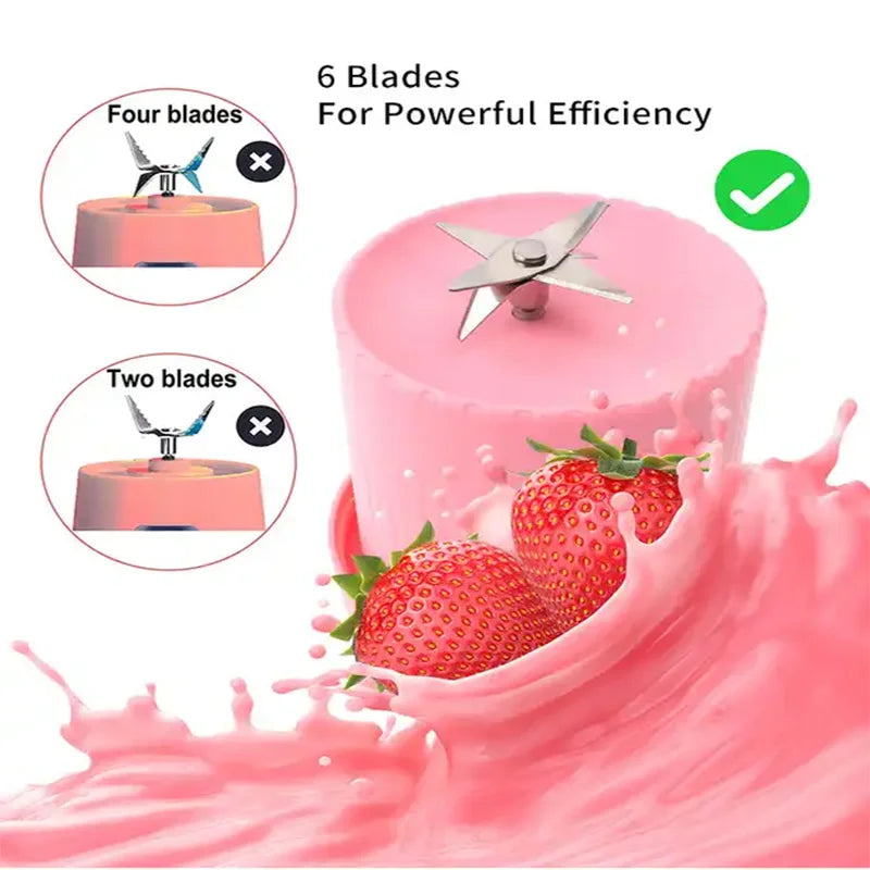 Pink portable blender base with a six-blade stainless steel attachment, surrounded by a splash of pink liquid and fruit.