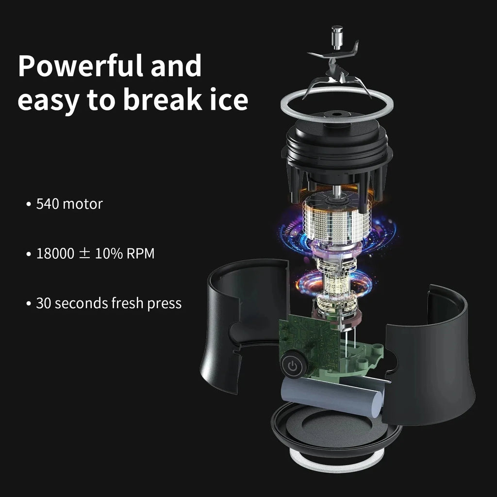 Exploded view of a black portable blender showing the motor, circuit board, and blade components.