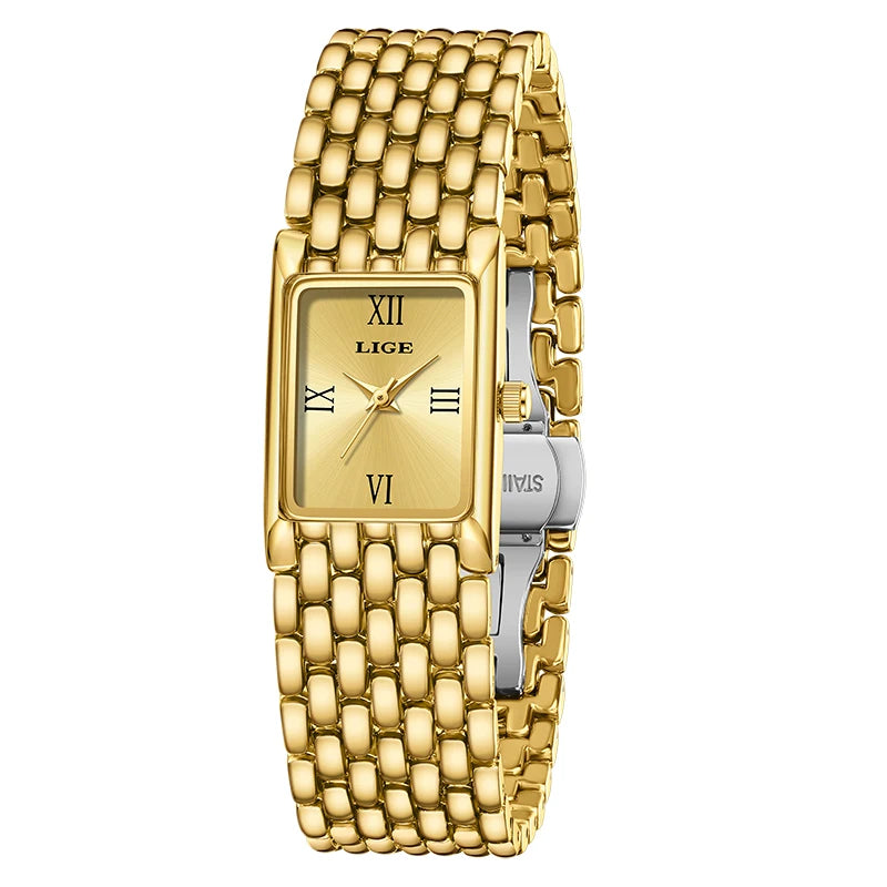 Elegant ladies' gold-tone stainless steel watch featuring a square face with Roman numerals and a link bracelet strap.