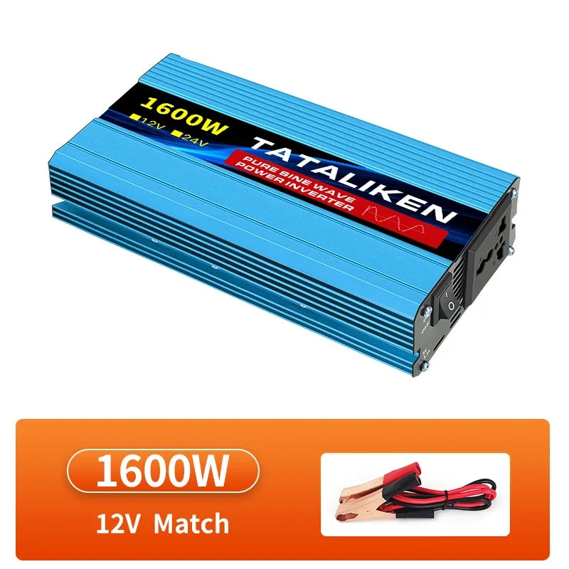 Blue 1600W pure sine wave power inverter with cooling fins, AC socket, power switch, and included battery clips.