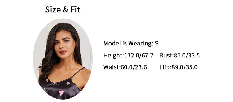 Size and fit guide featuring a model in a black satin camisole with pink heart print. Measurements provided.