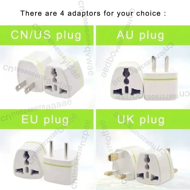 Four white international travel plug adaptors for the slush and frozen drink maker, available for US, AU, EU, and UK.