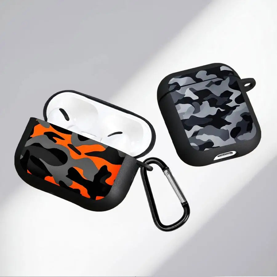 Silicone AirPods case with carabiner, featuring orange and grey camouflage patterns. Suitable for AirPods.