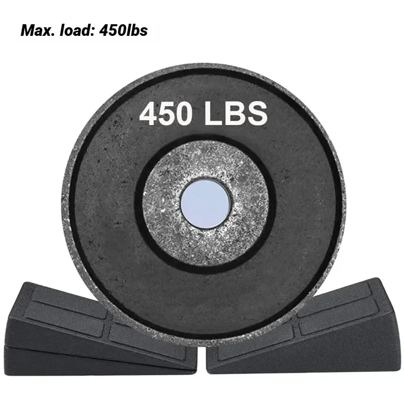 Black 450 lbs weight plate resting on two black rubber wheel chocks.