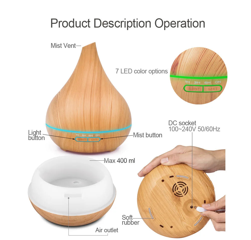 Teardrop-shaped wood-grain oil diffuser with 7 LED light colours, 400ml capacity, and base power controls.