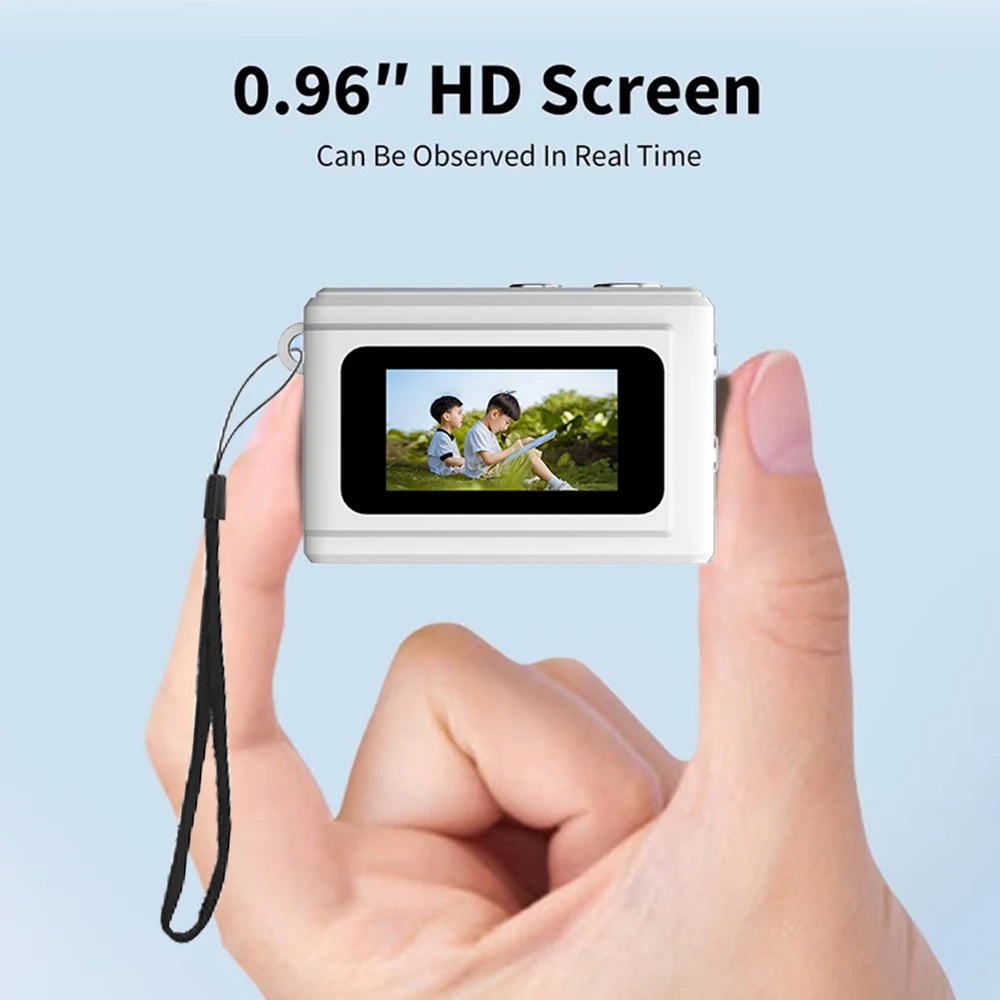 Hand holding a small white plastic digital camera with a 0.96-inch screen and a black wrist strap.