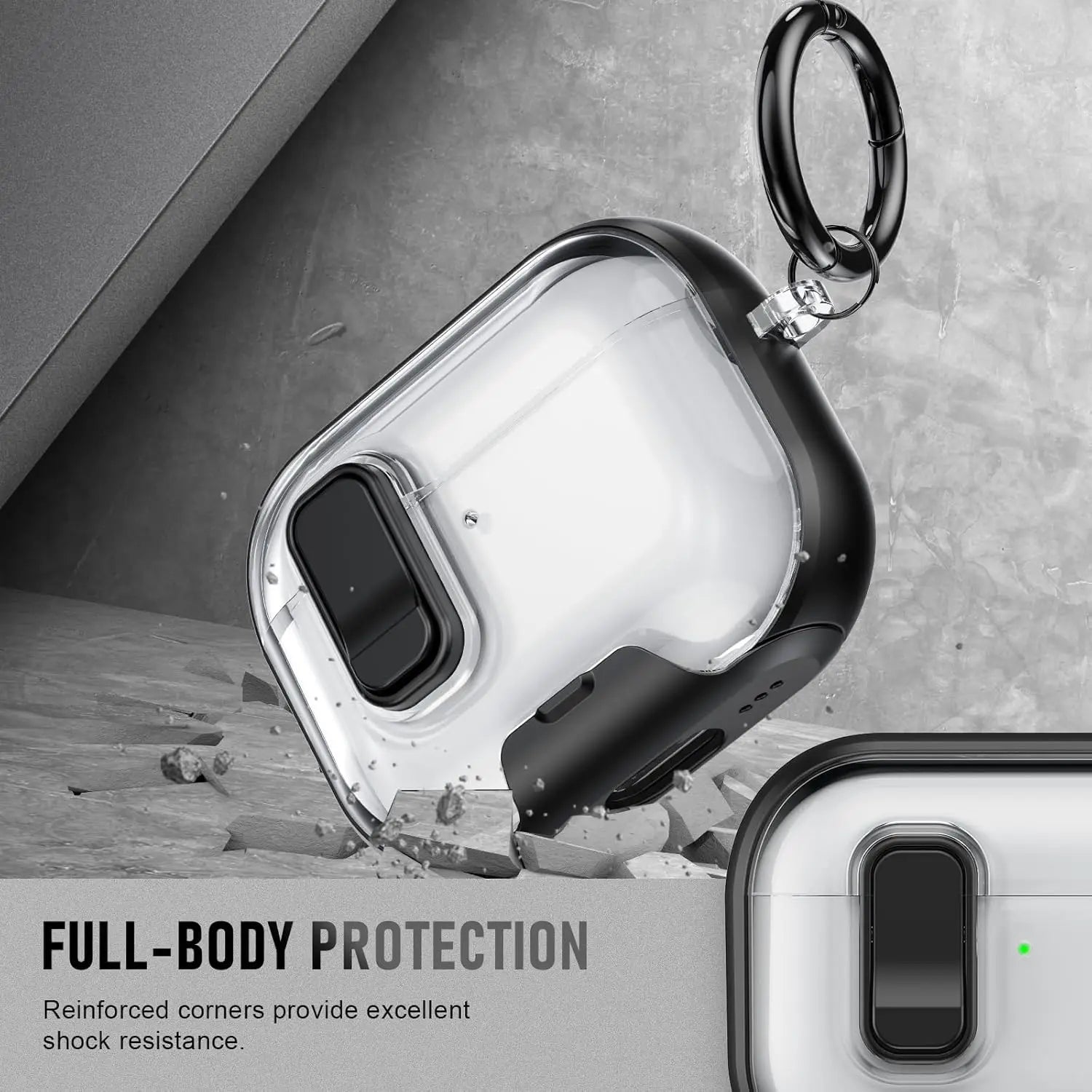 Clear, black protective AirPods case with reinforced edges, carabiner clip, and shock-resistant design.