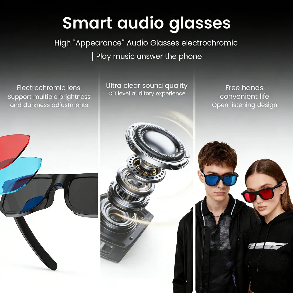Stylish black smart audio sunglasses with colour-changing electrochromic lenses, worn by a man and woman.