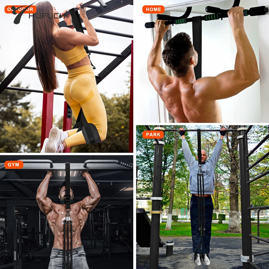 Black pull-up resistance strap set hanging from bars, used by people doing pull-ups in four settings.