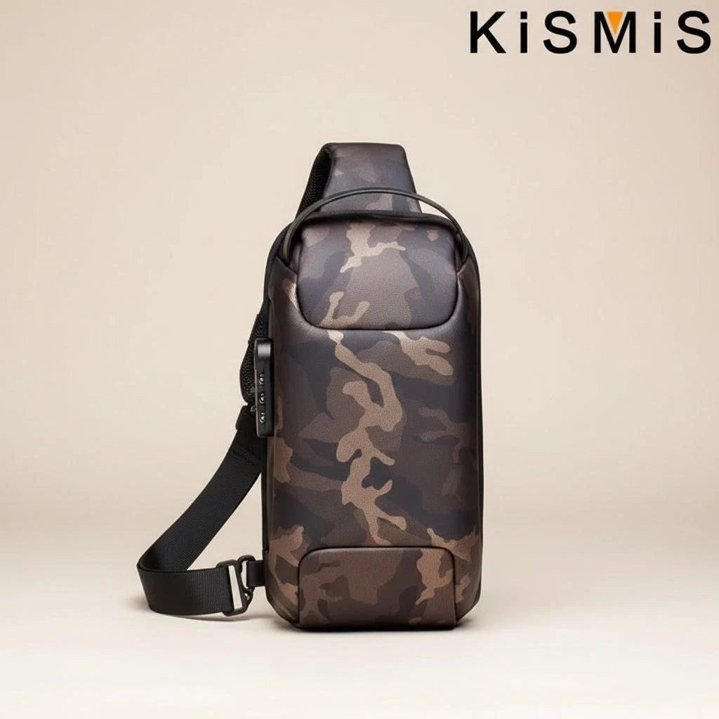 Waterproof camouflage crossbody bag with an integrated USB charging port and an anti-theft zip lock.