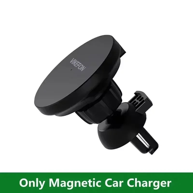 Black magnetic car phone mount with a circular charging pad and an adjustable air vent clip.
