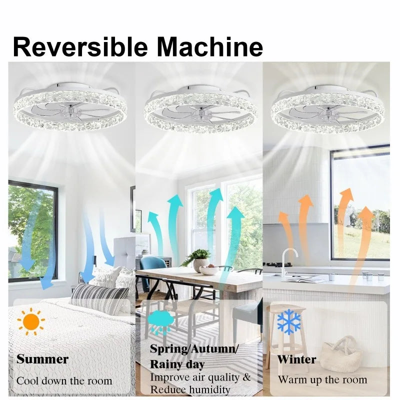 Modern 18.9in white crystal LED ceiling fan with remote and app control, shown in summer, seasonal, and winter modes.