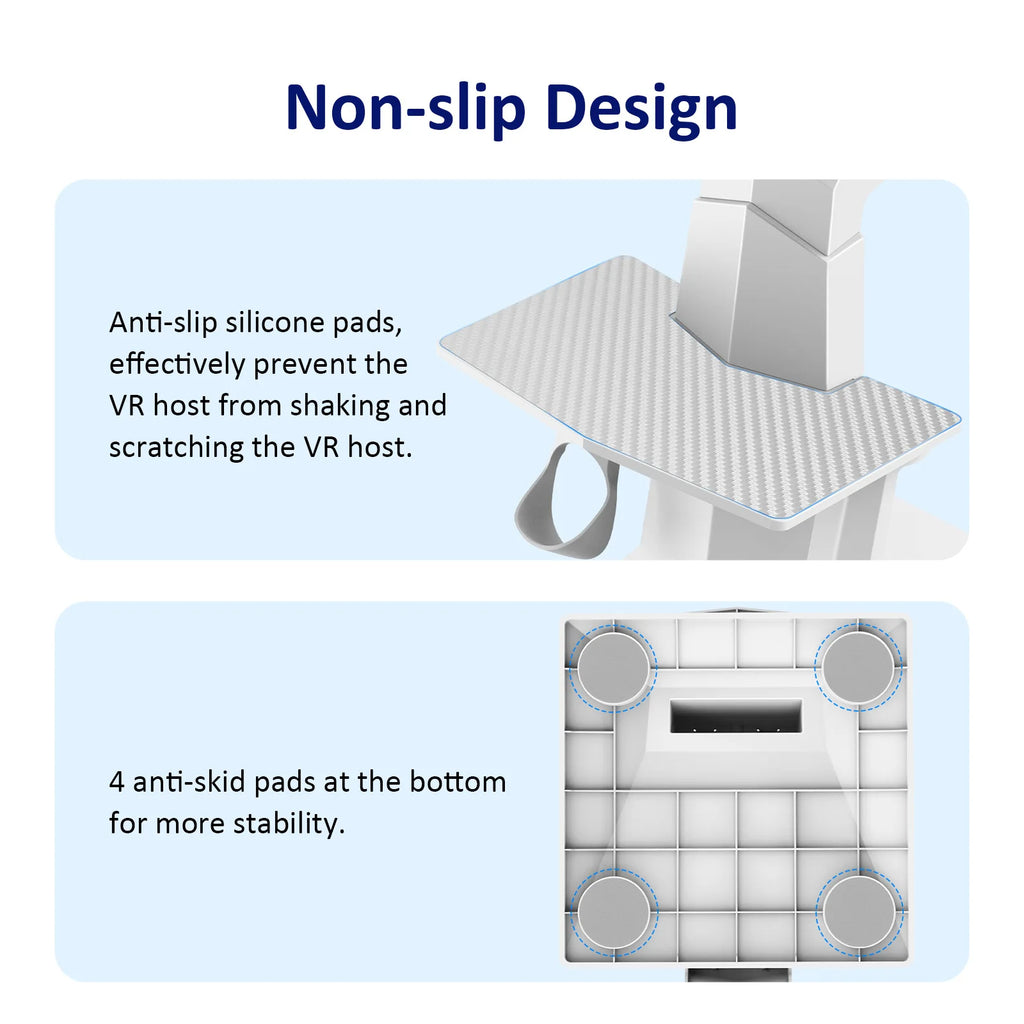White VR headset stand with non-slip silicone pads on the platform and base for stability and scratch protection.