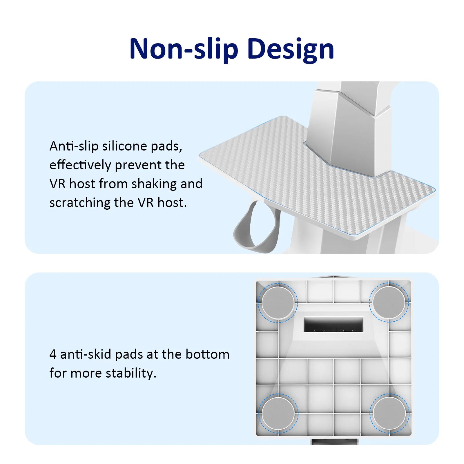 White VR headset stand with non-slip silicone pads on the platform and base for stability and scratch protection.