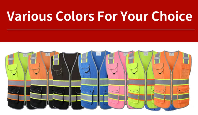 A range of high-visibility workwear utility vests in various colours, each featuring multiple front pockets and reflectors.