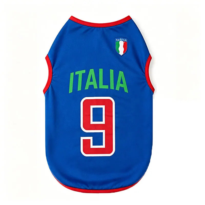 Blue mesh dog sports jersey with red trim, "ITALIA" text, number 9, and Italy flag patch.