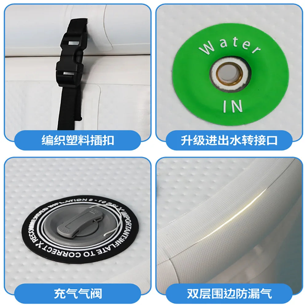Four-panel product detail showing a black plastic buckle, green Water In valve, inflation valve, and layered edge.