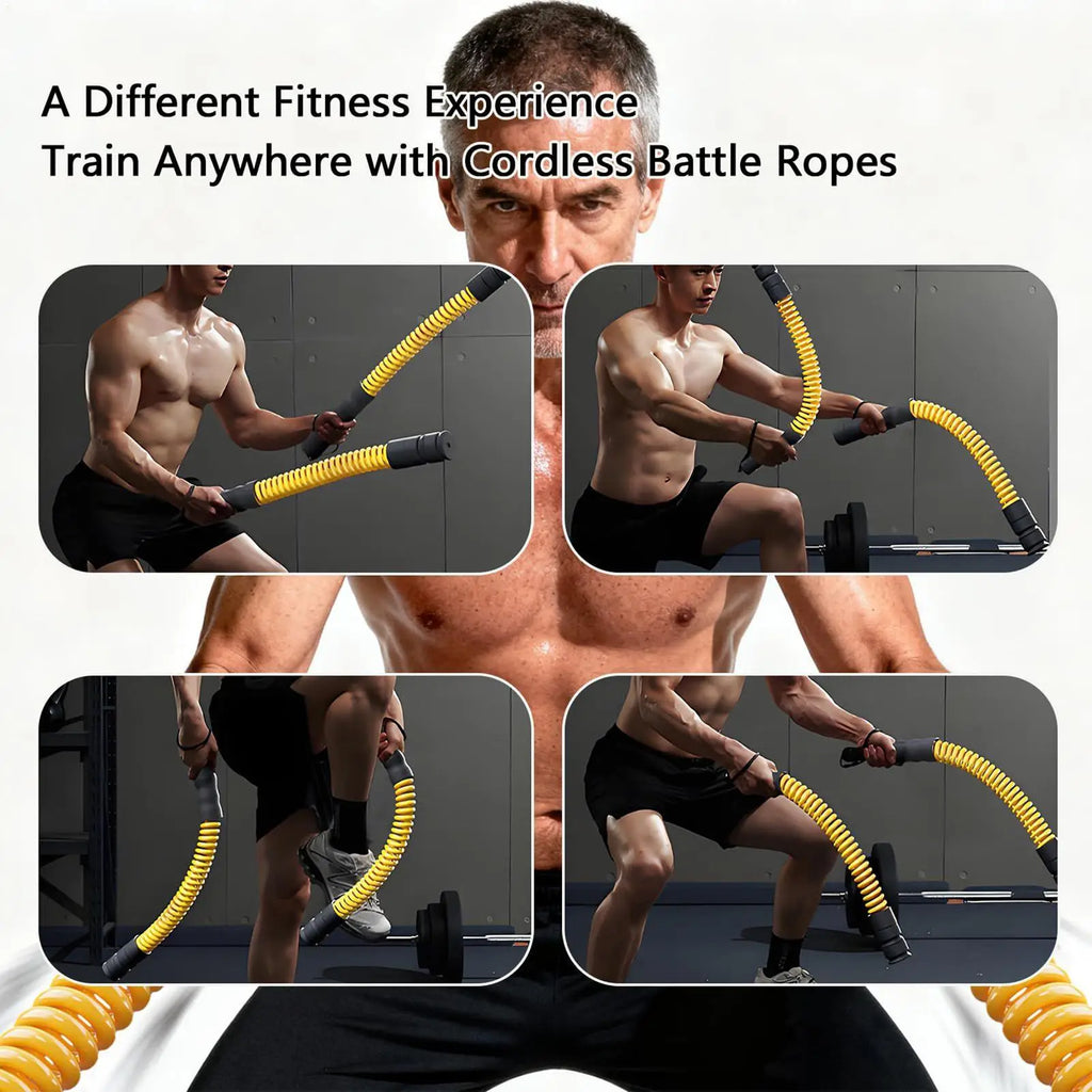 Two yellow, flexible weighted fitness training ropes with grey handles, shown being used for varied resistance exercises.