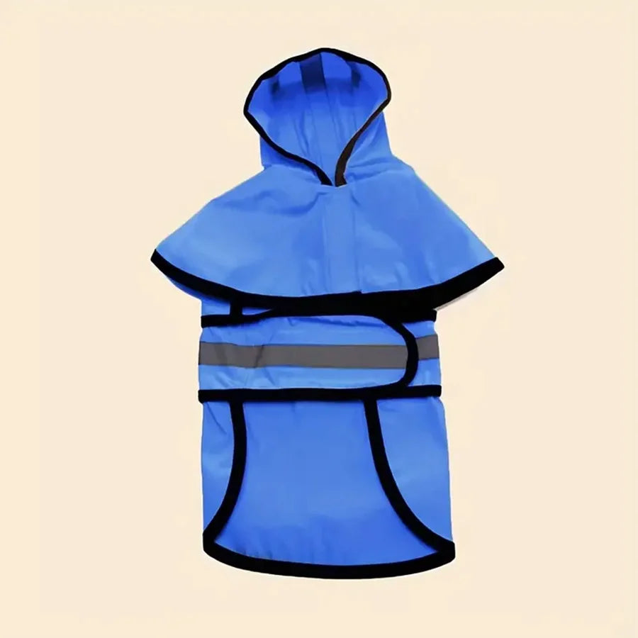 Bright blue hooded dog raincoat with black trim and a reflective silver safety strip on an adjustable strap.