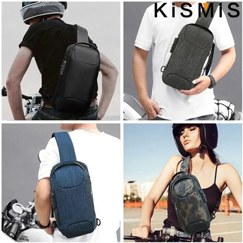 A grid showing waterproof, anti-theft crossbody bags with USB charging in black, grey, blue, and camouflage patterns.