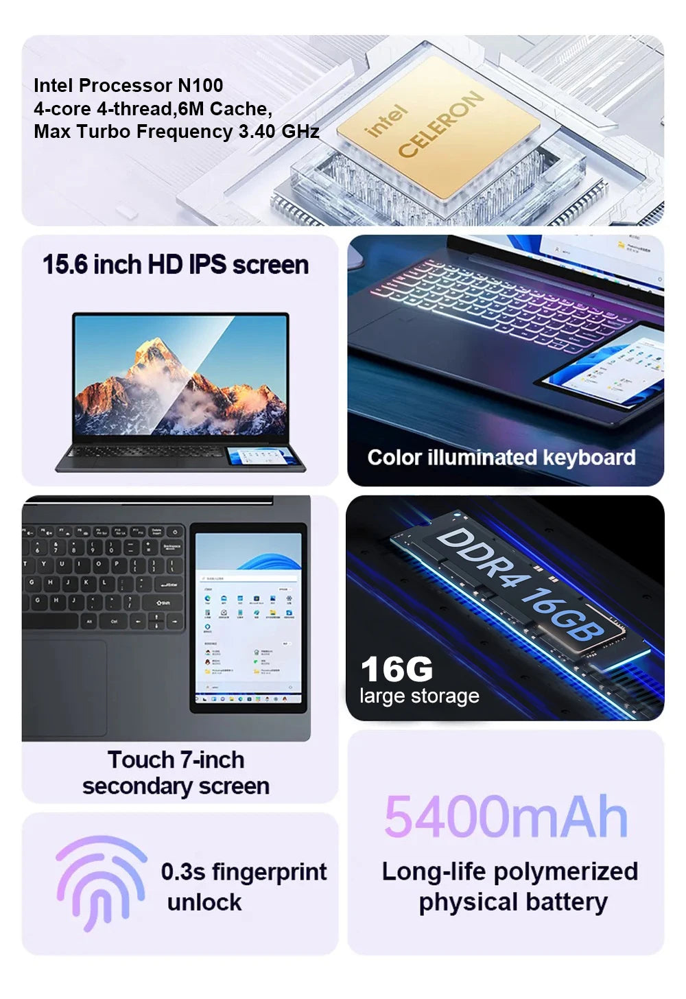 15.6" Touch Screen  Backlit keyboard Windows 11 Notebook Computer Dual Screen Laptop