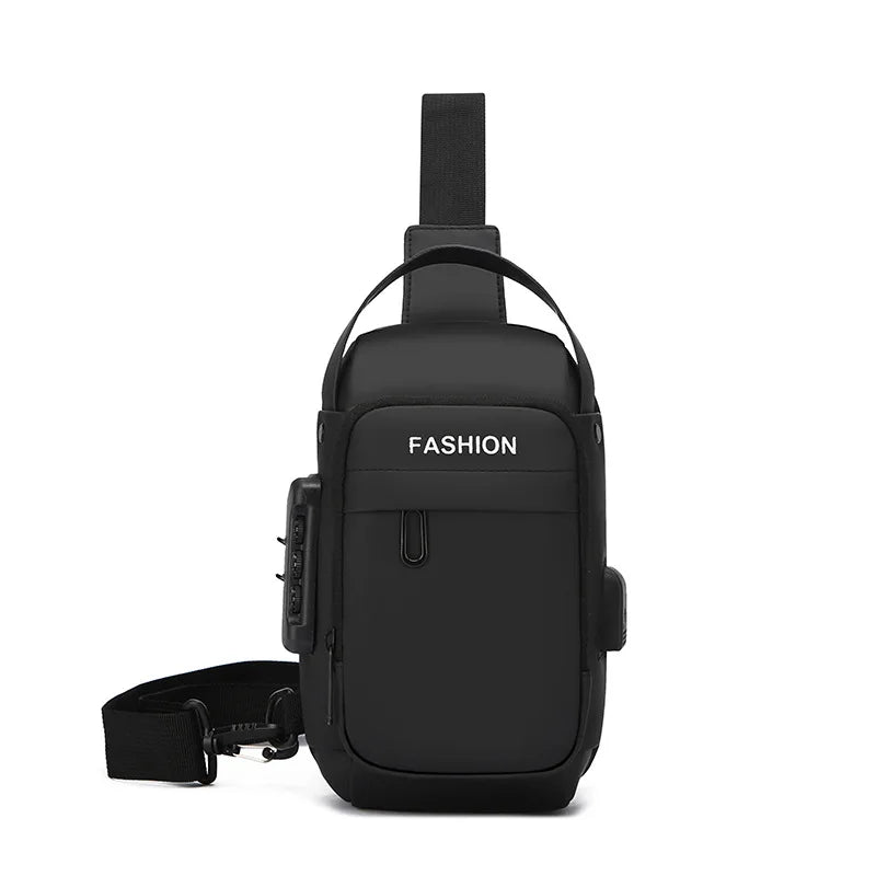 Black men's anti-theft crossbody sling bag with a built-in USB charging port and secure combination lock.