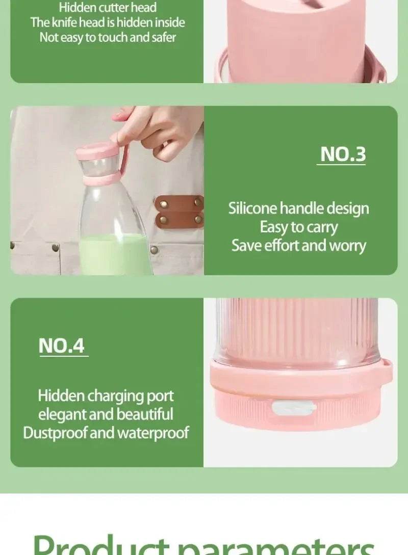 Portable pink blender with a silicone handle, hidden blade, and covered charging port.
