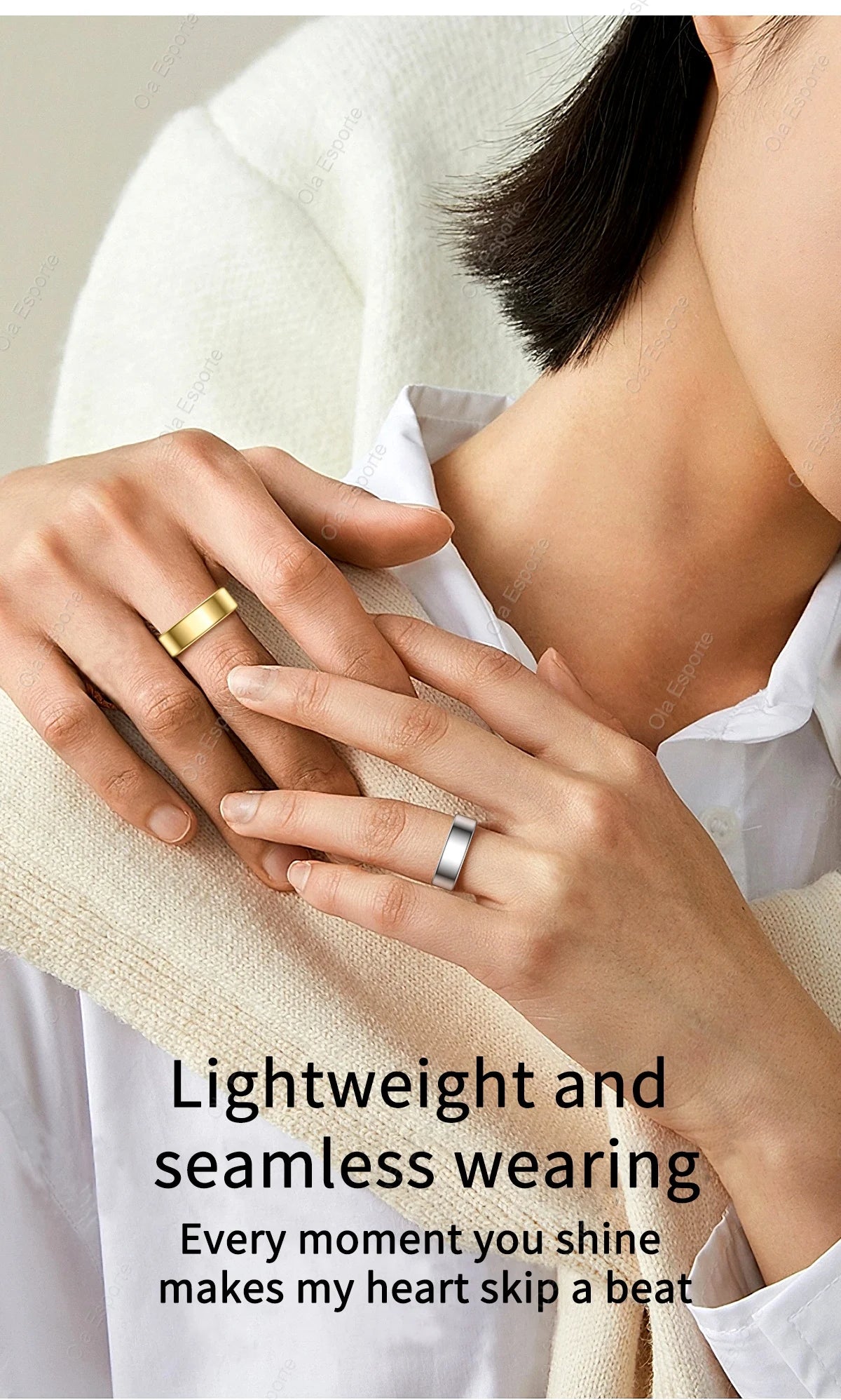 A person wearing a smooth, minimalist gold smart ring on one hand and a silver smart ring on the other.