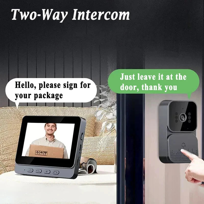 Smart wireless doorbell in matte grey with a 4.3-inch HD monitor displaying a delivery person in two-way communication.