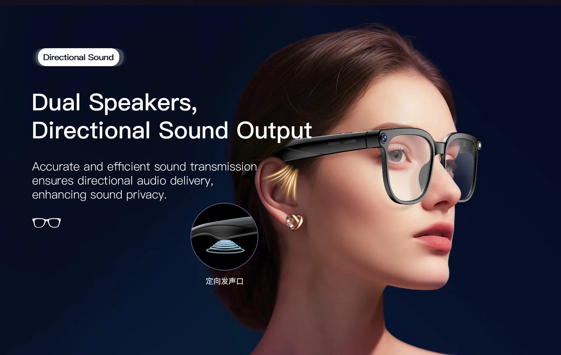 Woman wearing sleek black smart glasses featuring a built-in camera, Bluetooth, and private directional audio speakers.