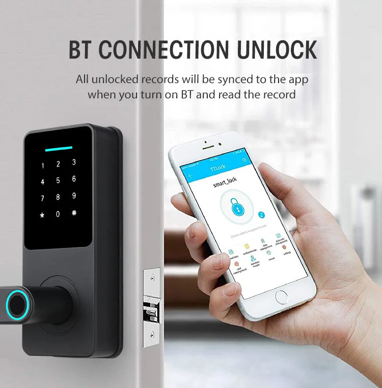 Black digital smart door lock with biometric handle and keypad, being unlocked via a smartphone app.