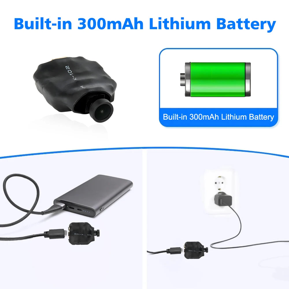 Black mini camera with a 300mAh lithium battery, shown being charged via USB cable from a power bank and wall plug.