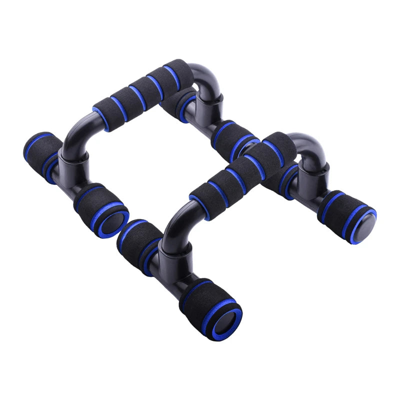 A pair of black push-up bars with blue foam-padded handles, isolated on a white background.