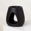 Matte black ribbed ceramic wax melt or oil burner with a wide open front for a tealight candle.