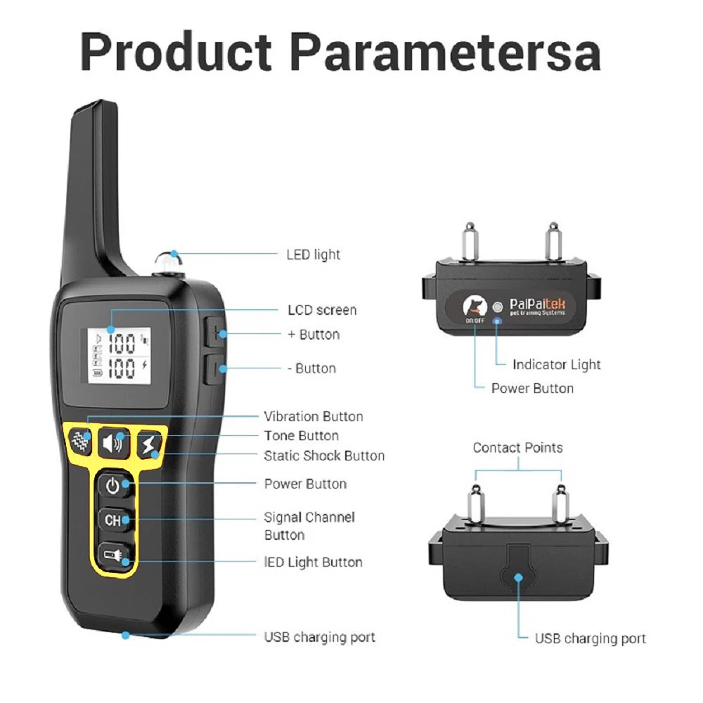 Black dog training remote and collar receiver. Features LCD screen, buttons for vibration, tone, and static, and USB.