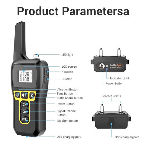 Black dog training remote and collar receiver. Features LCD screen, buttons for vibration, tone, and static, and USB.